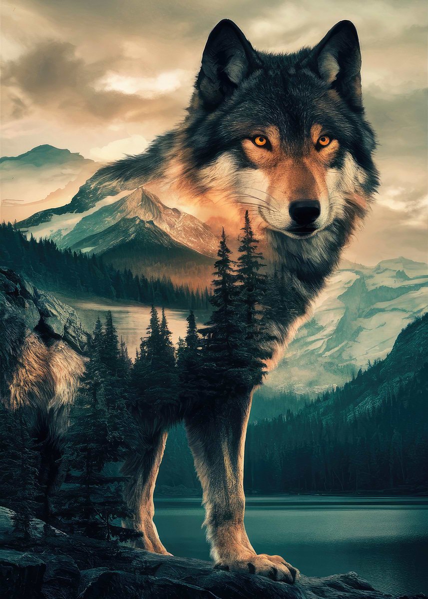 Lobo Y Montaña En Doble Exposición