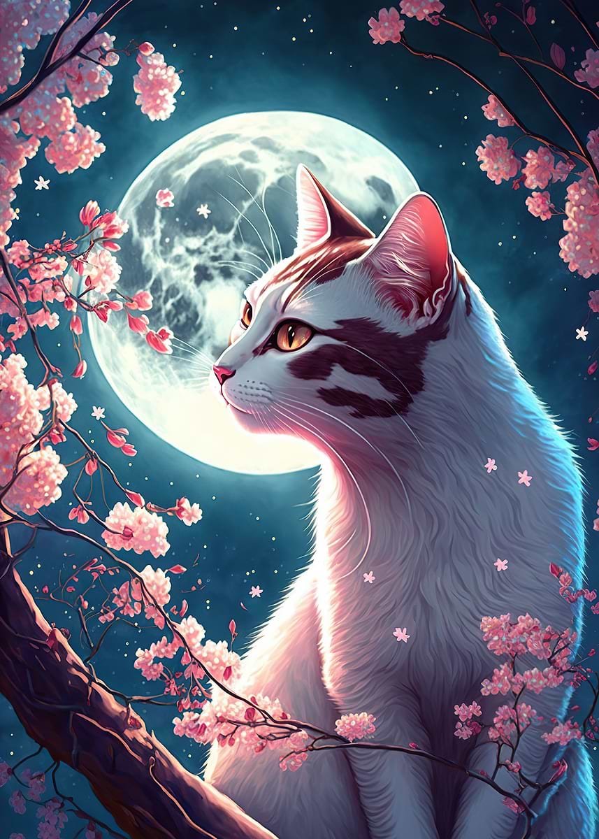 Gato Y Flores De Cerezo