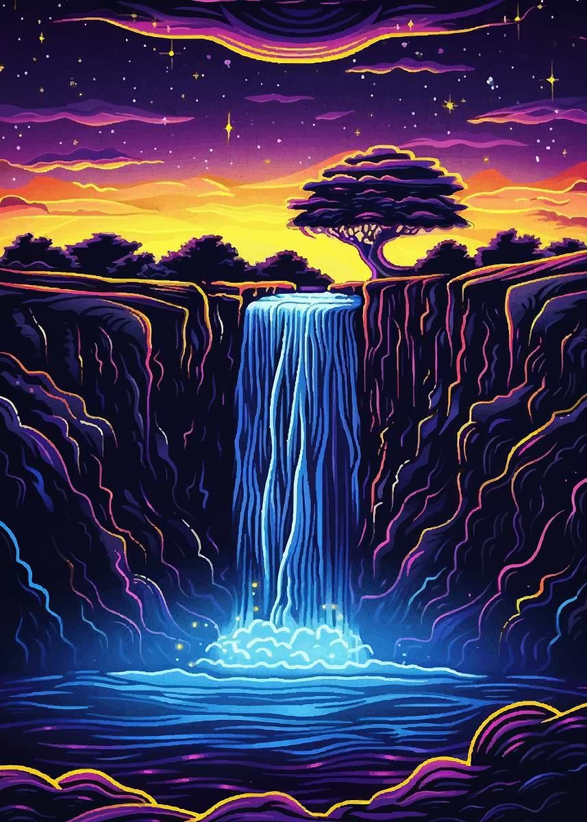 Paisaje De Cascada Neón